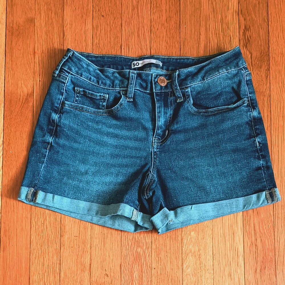 Women;s Cuffed Jean Shorts 9/29 Low Rise Midi Blue Denim Stretch